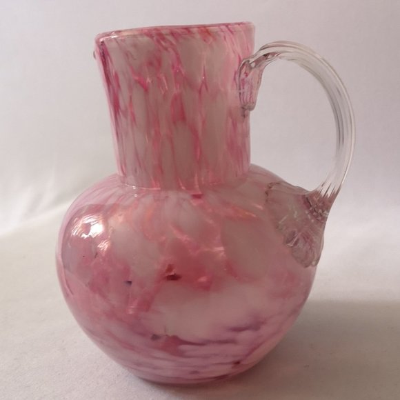 Gorgeous Hand-blown Art Glass Vase, Pink w White Applied Ribbed w Flower Handle - Picture 3 of 6